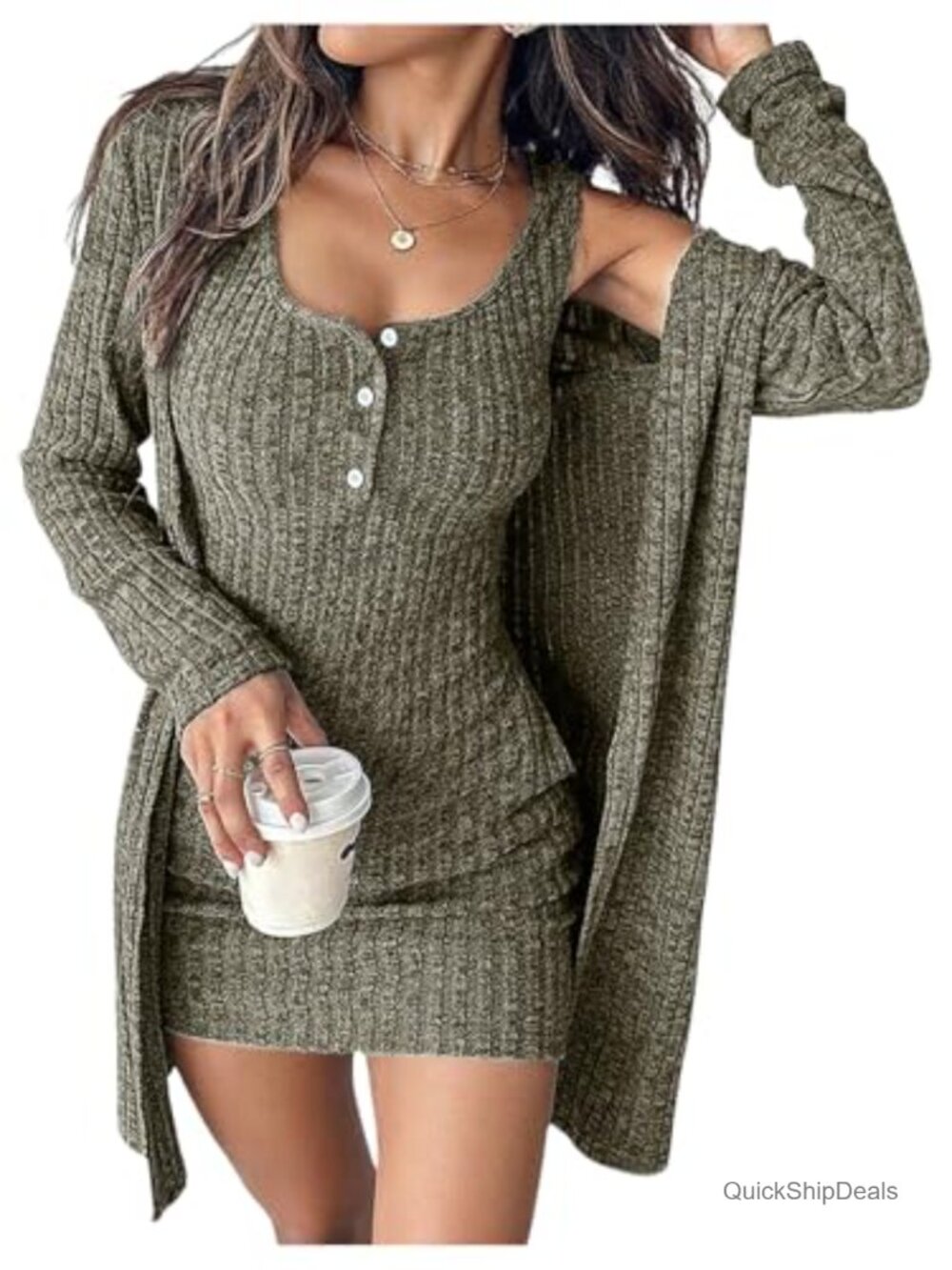 2 Piece Sweater Dress Set Cardigan Long Sleeve Knit Bodycon Mini
